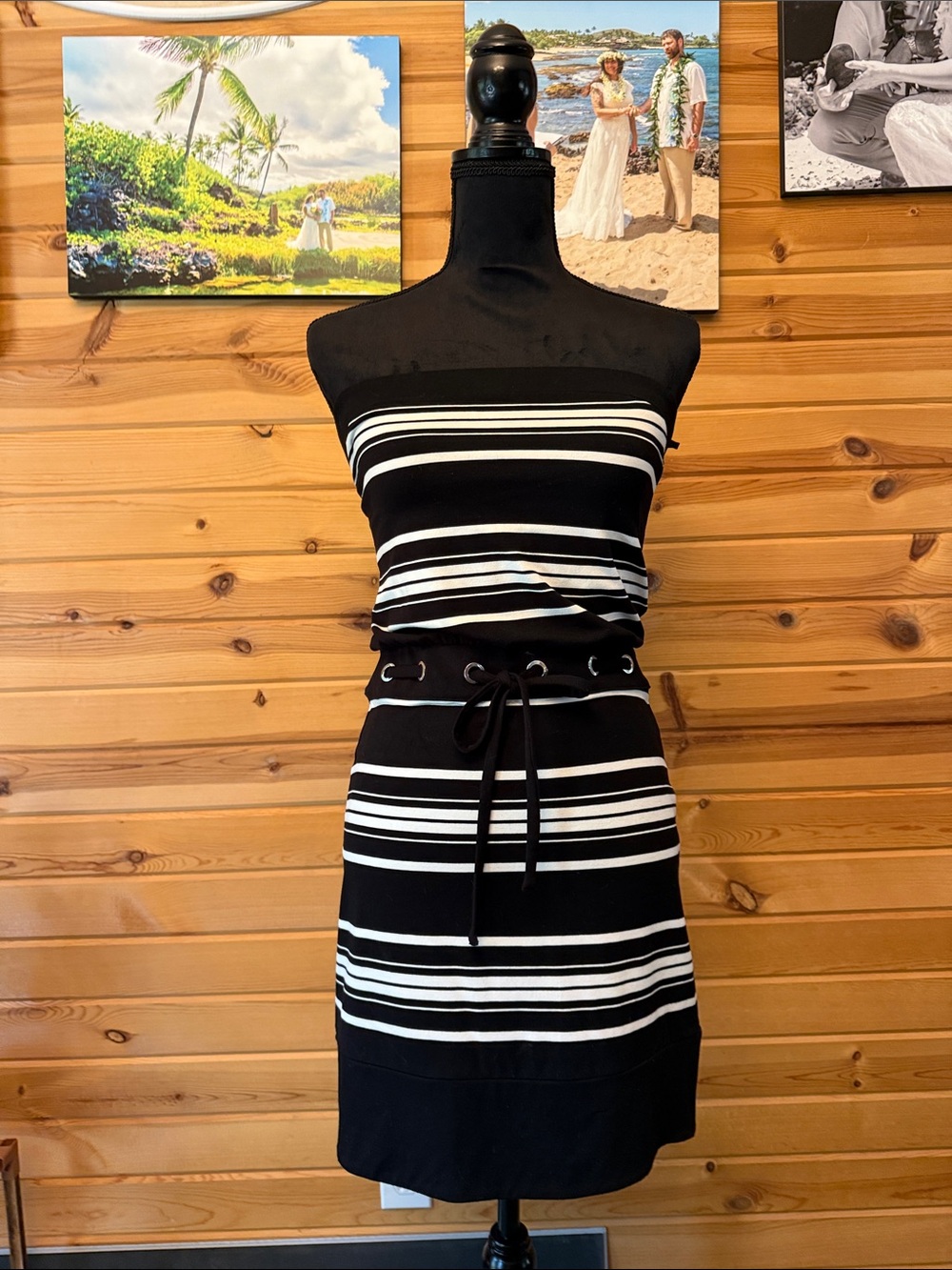 White House Black Market Black and White Strapless Knit Dress with Waist Tie
